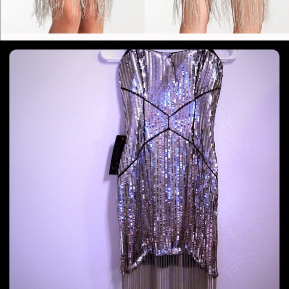 Bebe Gunmetal sequin with chainmail fringe dress - Picture 2 of 5